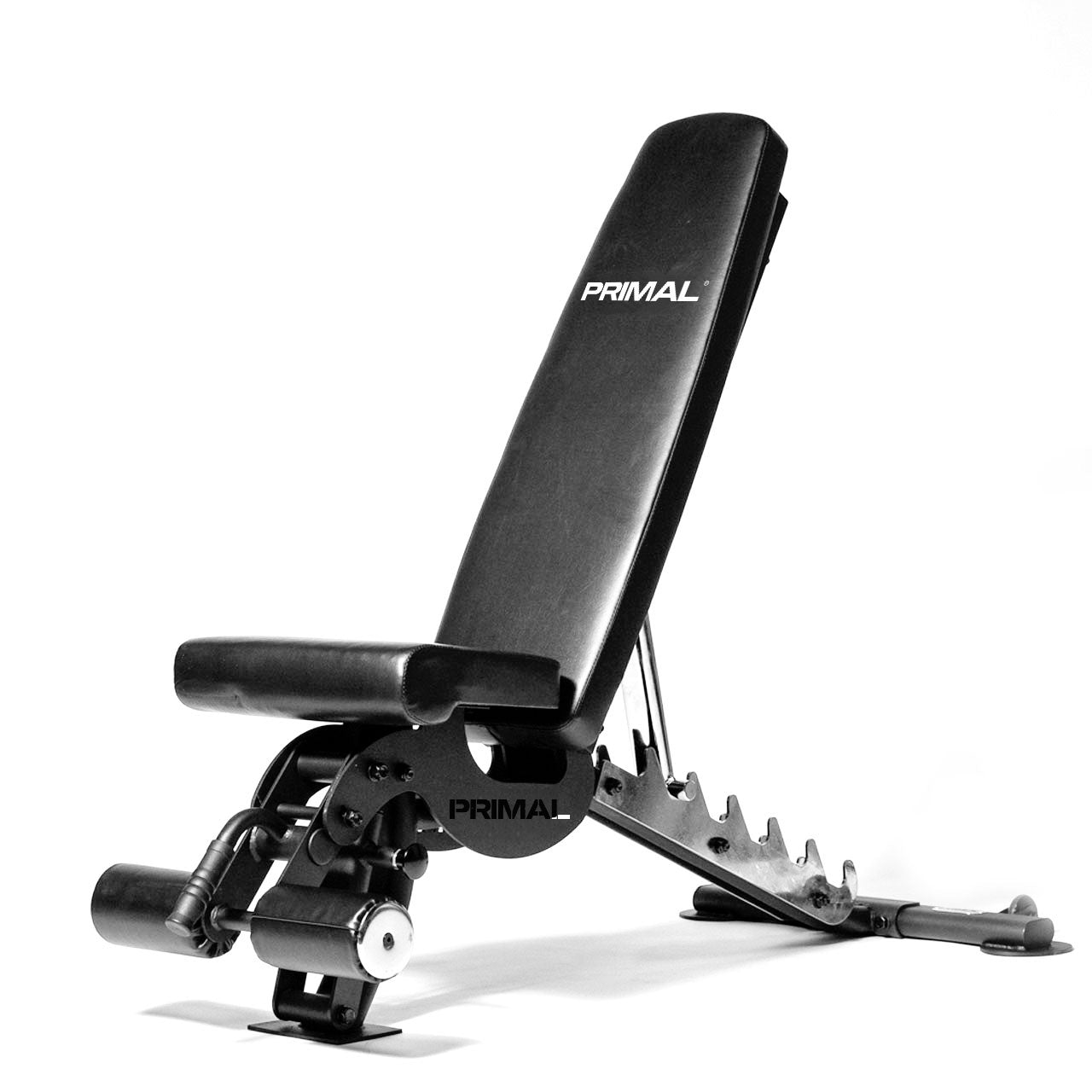 Angled view of adjustable bench with foot support in upright position.